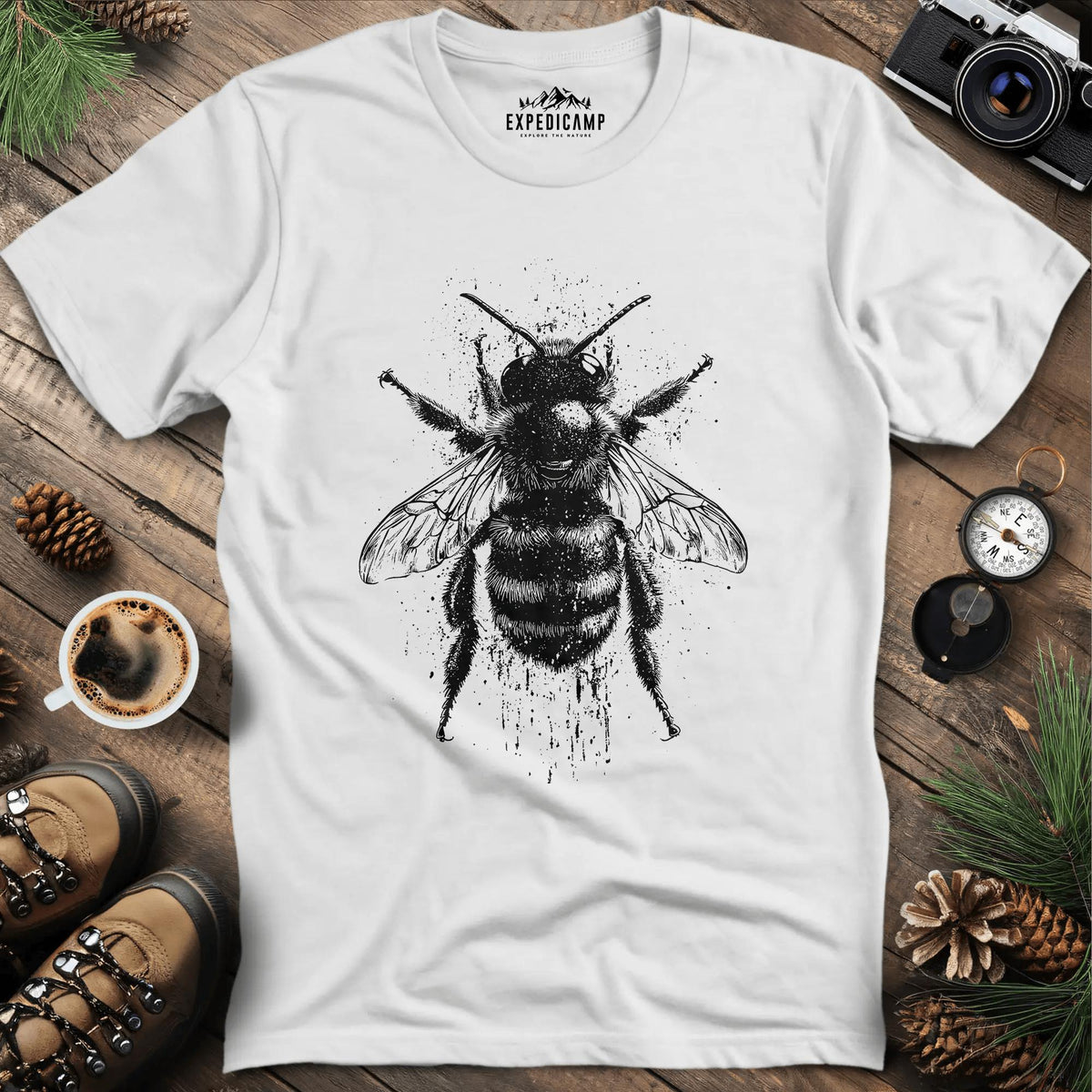 Artistic Bee T-Shirt – White – Outdoor apparel for travel, hiking, camping, and nature lovers – ExpediCamp