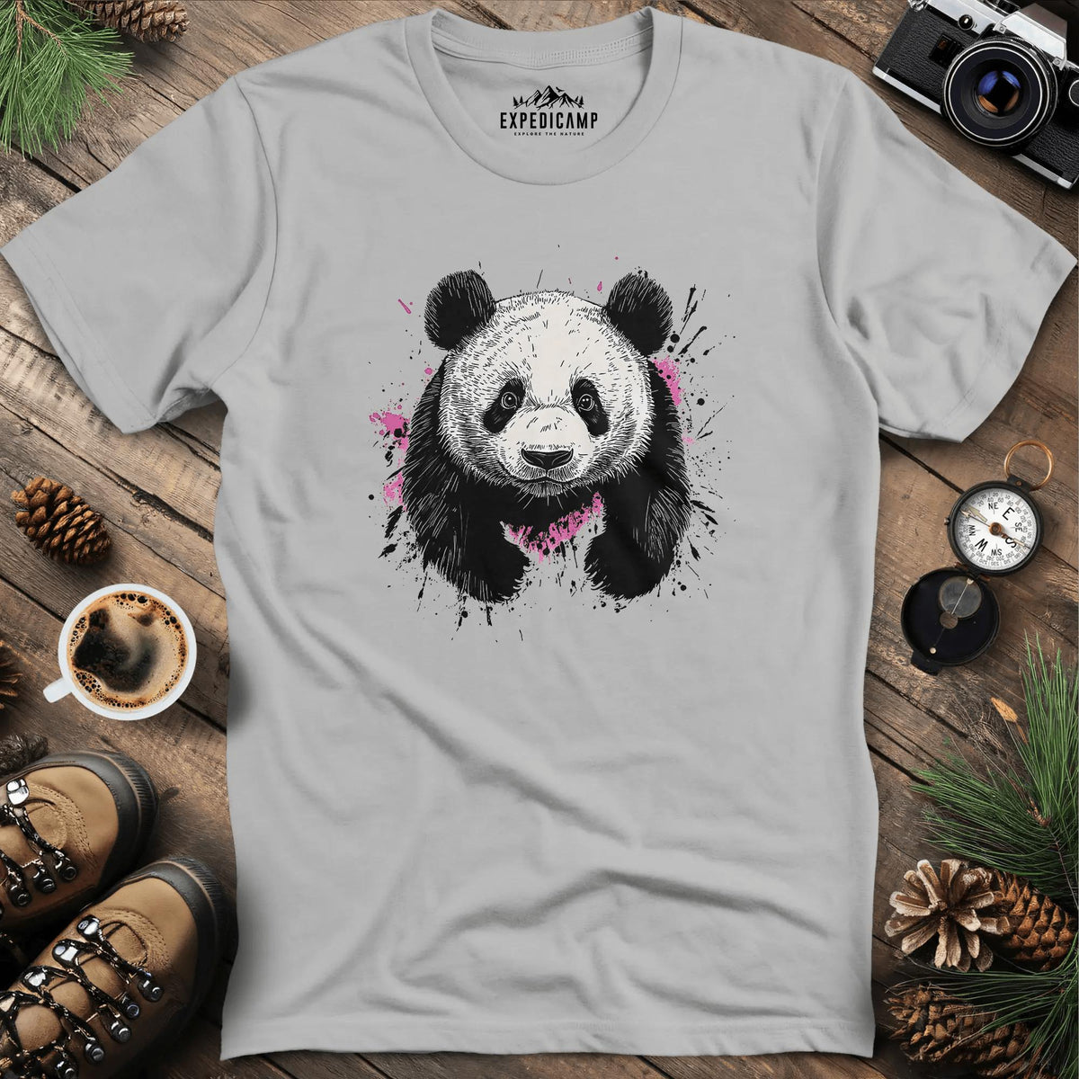 Artistic Ink-Splatter Panda T-Shirt – Ice Grey – Outdoor apparel for travel, hiking, camping, and nature lovers – ExpediCamp