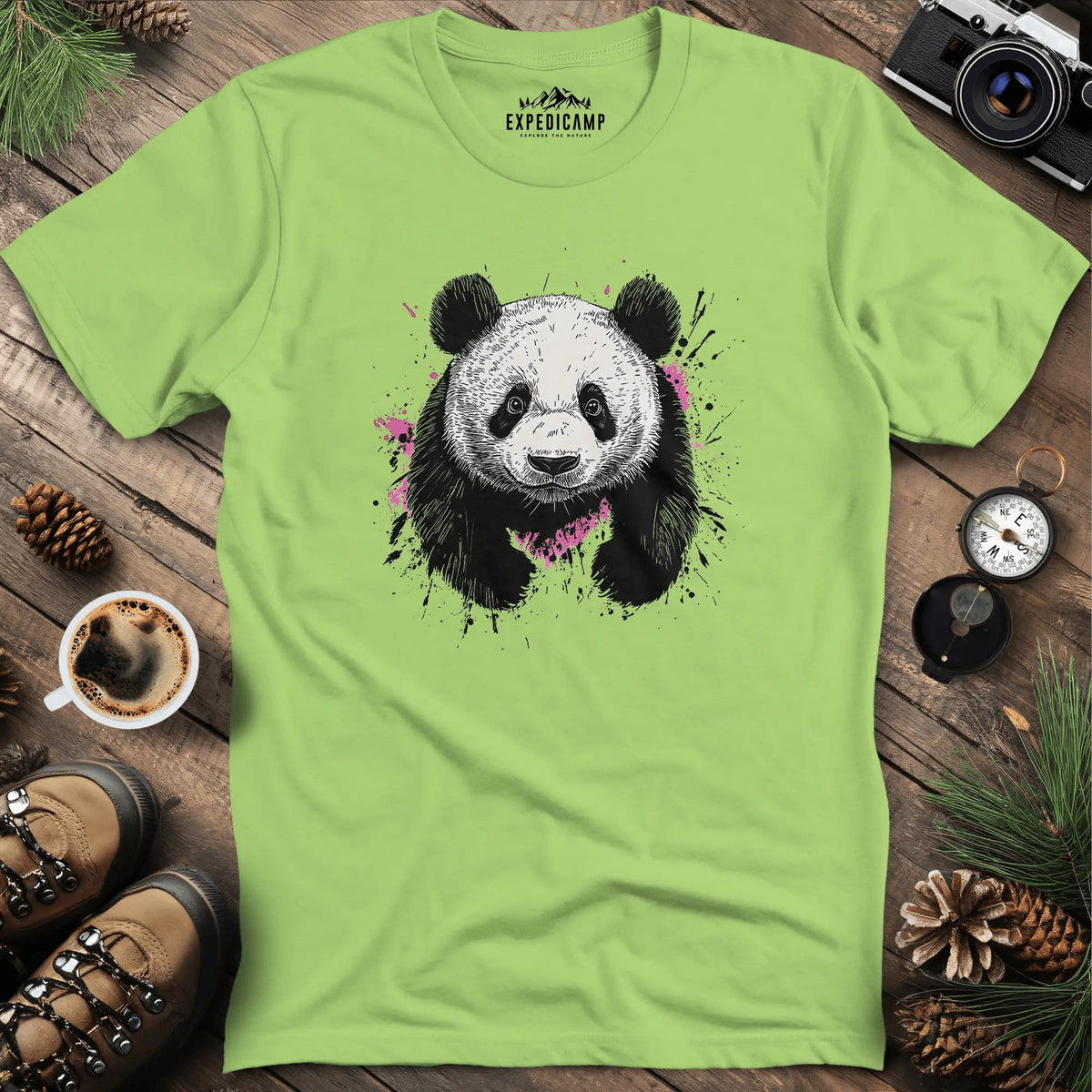 Artistic Ink-Splatter Panda T-Shirt – Kiwi – Outdoor apparel for travel, hiking, camping, and nature lovers – ExpediCamp