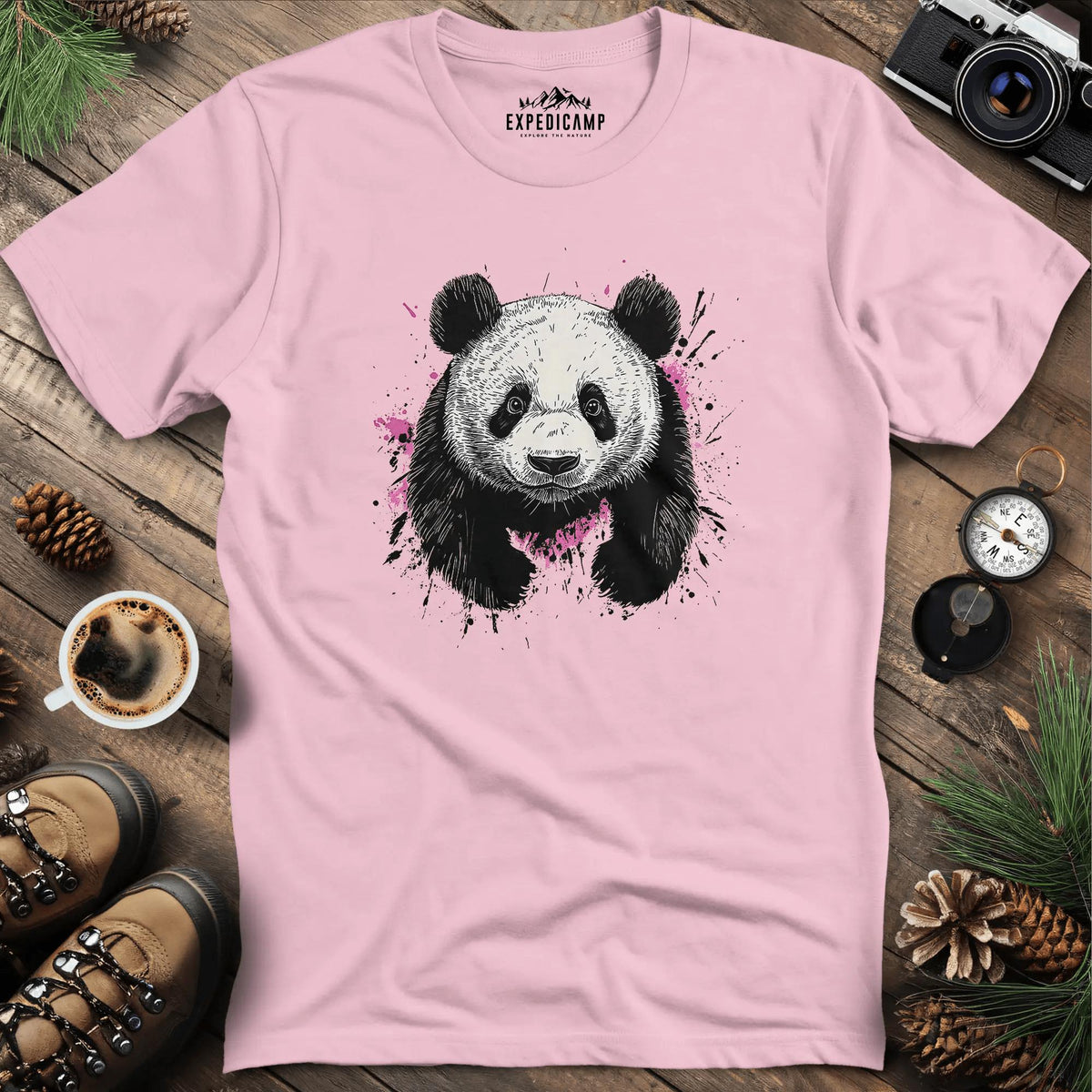 Artistic Ink-Splatter Panda T-Shirt – Light Pink – Outdoor apparel for travel, hiking, camping, and nature lovers – ExpediCamp