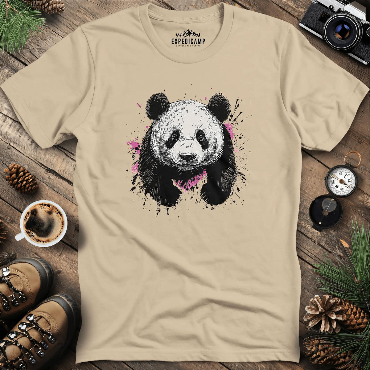 Artistic Ink-Splatter Panda T-Shirt – Sand – Outdoor apparel for travel, hiking, camping, and nature lovers – ExpediCamp