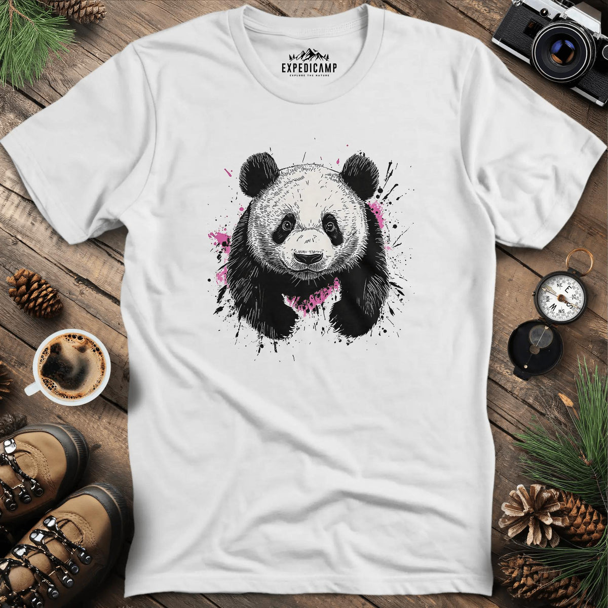 Artistic Ink-Splatter Panda T-Shirt – White – Outdoor apparel for travel, hiking, camping, and nature lovers – ExpediCamp