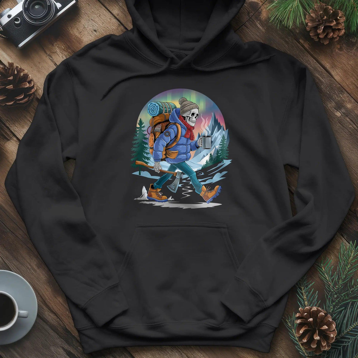 Aurora Skeleton Hiker Hoodie – Black – Outdoor apparel for travel, hiking, camping, and nature lovers – ExpediCamp