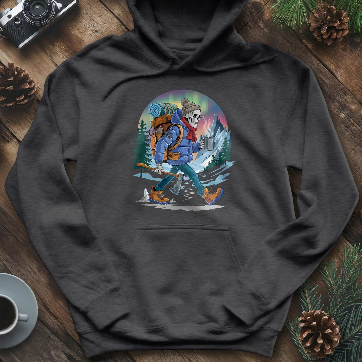 Aurora Skeleton Hiker Hoodie – Dark Heather – Outdoor apparel for travel, hiking, camping, and nature lovers – ExpediCamp
