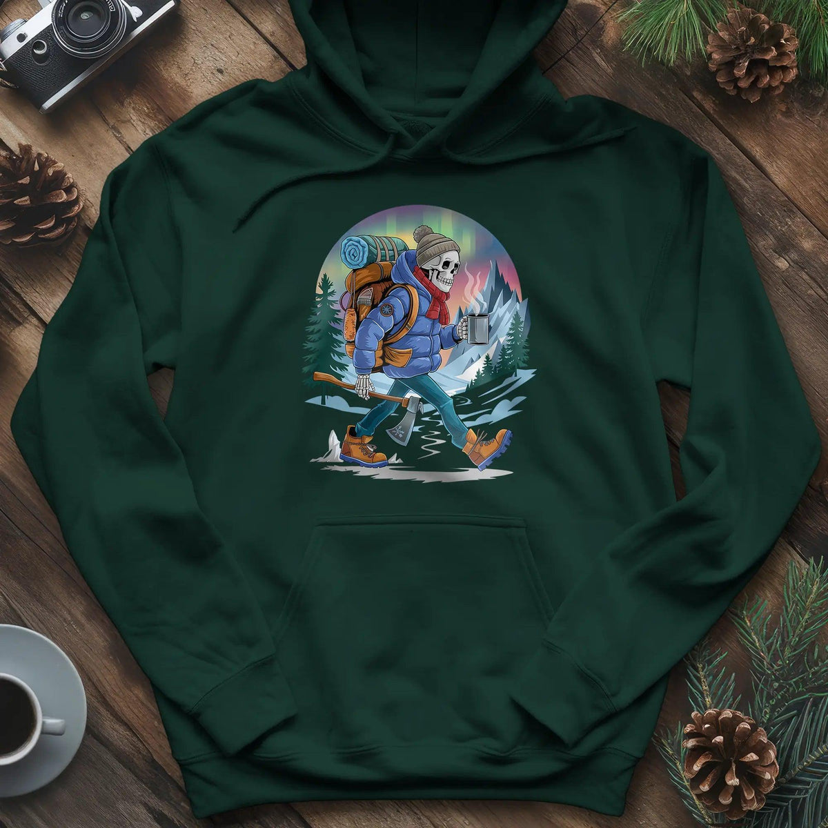 Aurora Skeleton Hiker Hoodie – Forest Green – Outdoor apparel for travel, hiking, camping, and nature lovers – ExpediCamp