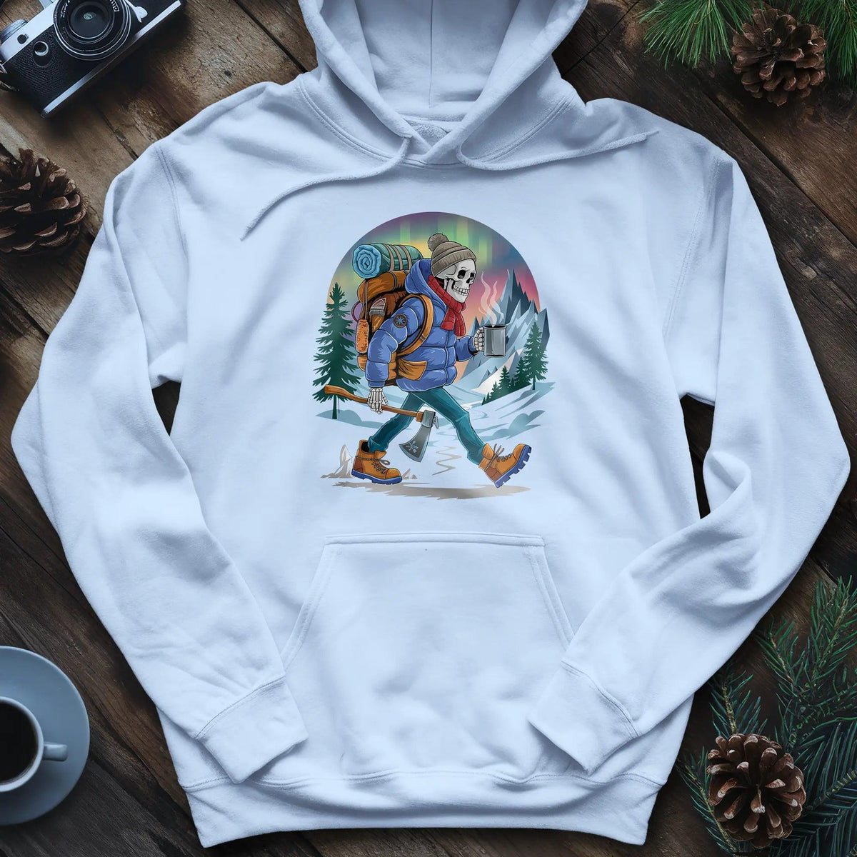 Aurora Skeleton Hiker Hoodie – Light Blue – Outdoor apparel for travel, hiking, camping, and nature lovers – ExpediCamp