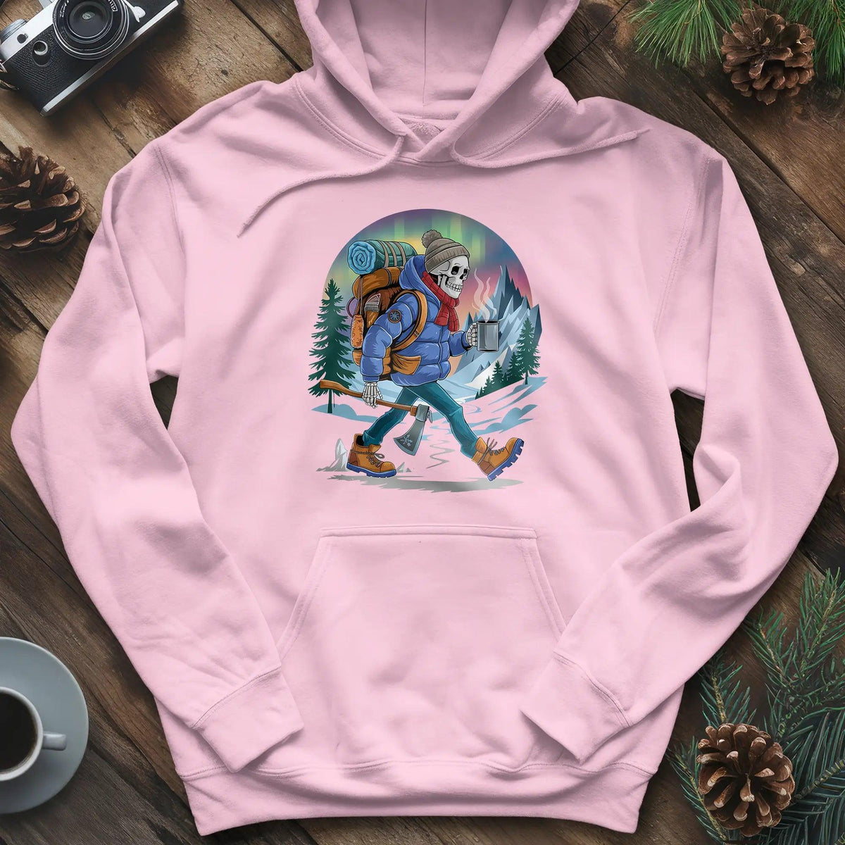 Aurora Skeleton Hiker Hoodie – Light Pink – Outdoor apparel for travel, hiking, camping, and nature lovers – ExpediCamp