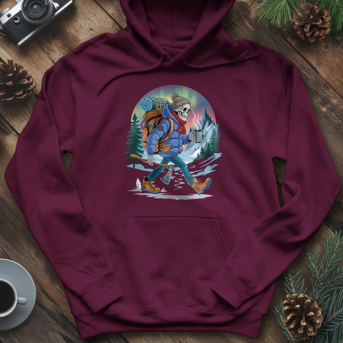 Aurora Skeleton Hiker Hoodie – Maroon – Outdoor apparel for travel, hiking, camping, and nature lovers – ExpediCamp