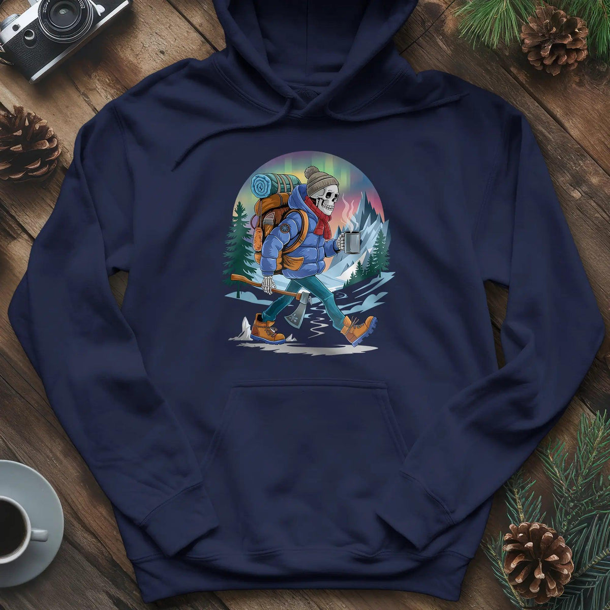 Aurora Skeleton Hiker Hoodie – Navy – Outdoor apparel for travel, hiking, camping, and nature lovers – ExpediCamp