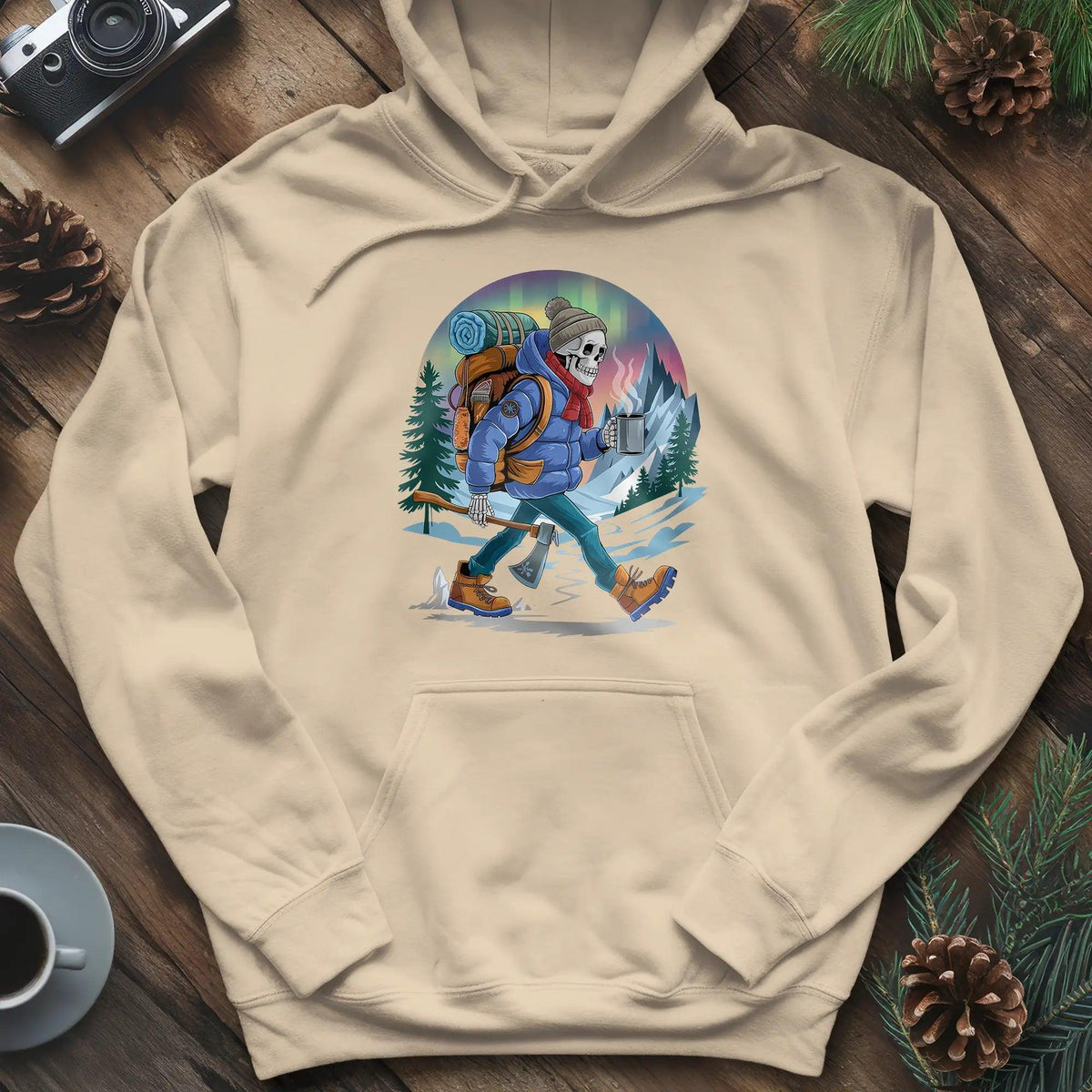 Aurora Skeleton Hiker Hoodie – Sand – Outdoor apparel for travel, hiking, camping, and nature lovers – ExpediCamp