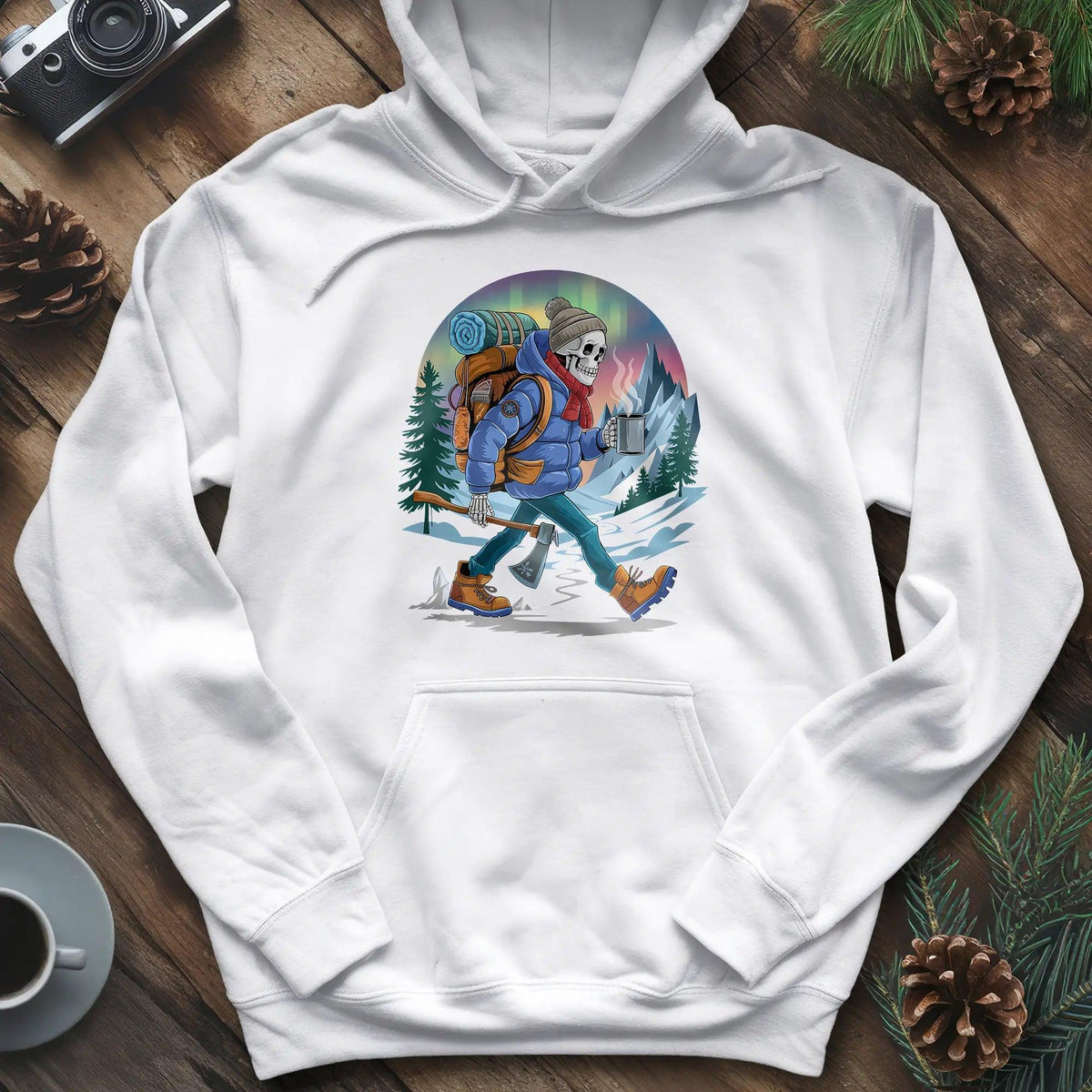 Aurora Skeleton Hiker Hoodie – White – Outdoor apparel for travel, hiking, camping, and nature lovers – ExpediCamp