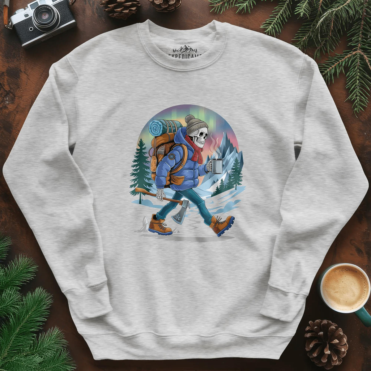 Aurora Skeleton Hiker Sweatshirt – Ash – Outdoor apparel for travel, hiking, camping, and nature lovers – ExpediCamp