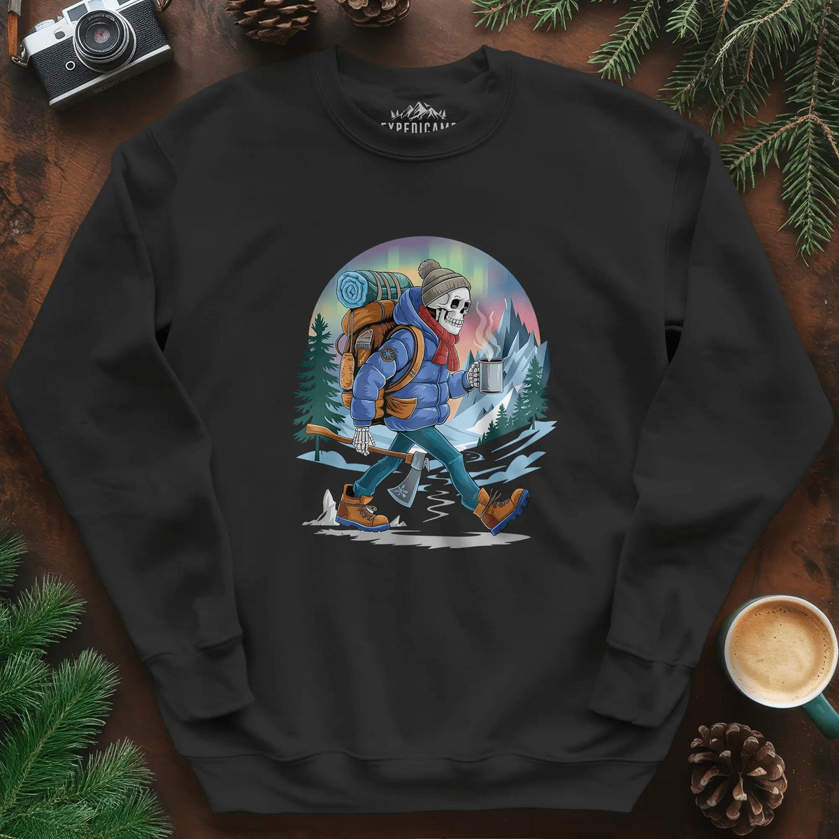 Aurora Skeleton Hiker Sweatshirt – Black – Outdoor apparel for travel, hiking, camping, and nature lovers – ExpediCamp