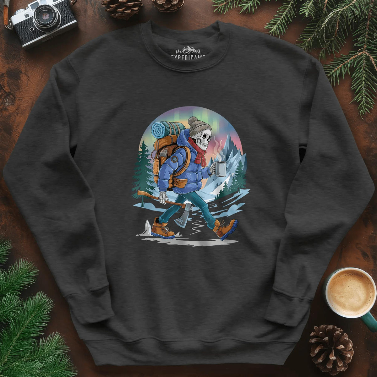 Aurora Skeleton Hiker Sweatshirt – Dark Heather – Outdoor apparel for travel, hiking, camping, and nature lovers – ExpediCamp