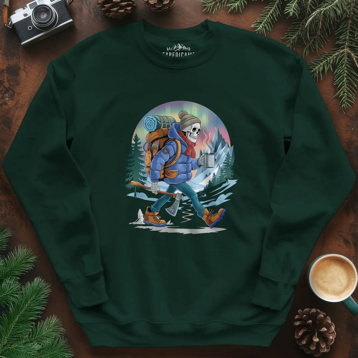 Aurora Skeleton Hiker Sweatshirt – Forest Green – Outdoor apparel for travel, hiking, camping, and nature lovers – ExpediCamp