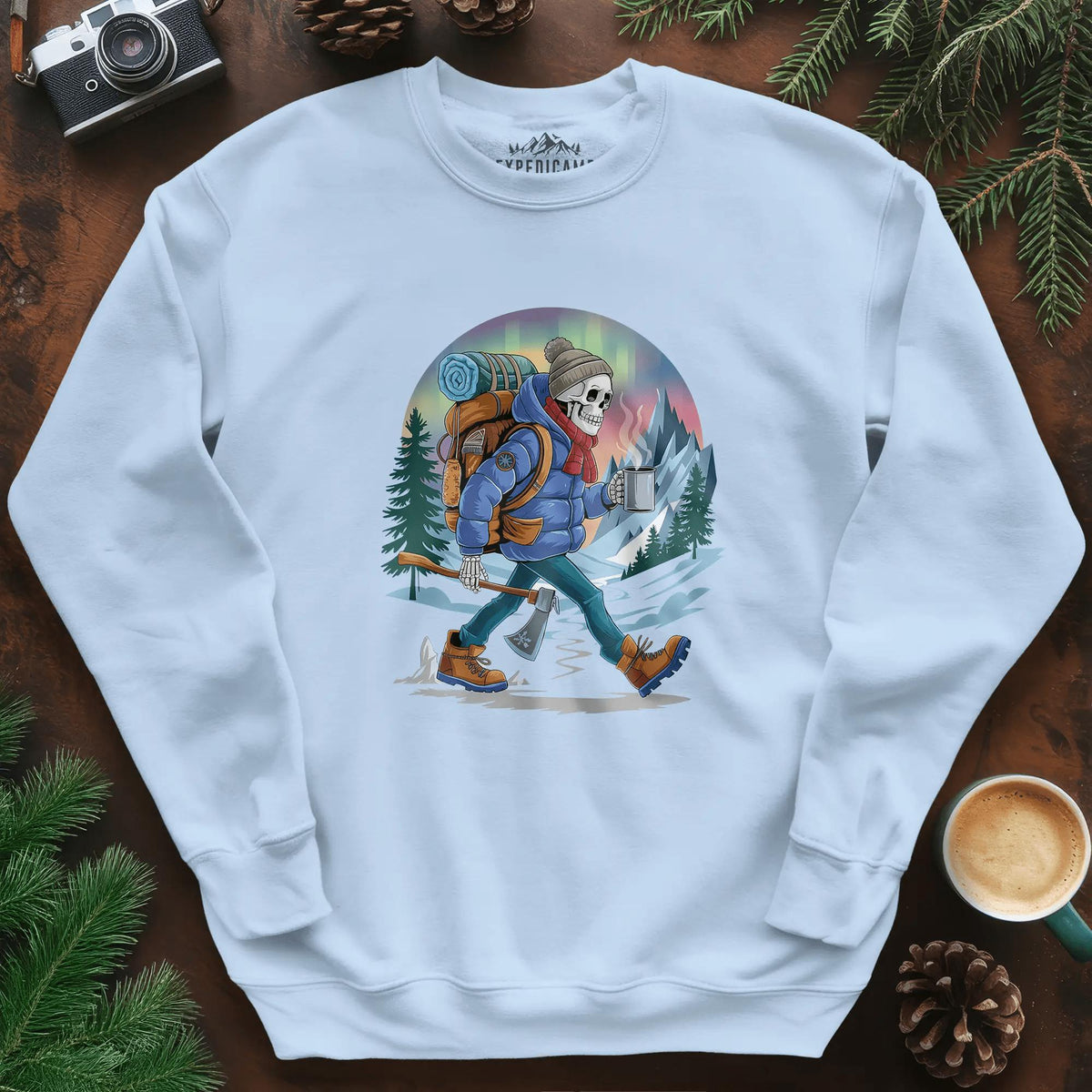 Aurora Skeleton Hiker Sweatshirt – Light Blue – Outdoor apparel for travel, hiking, camping, and nature lovers – ExpediCamp