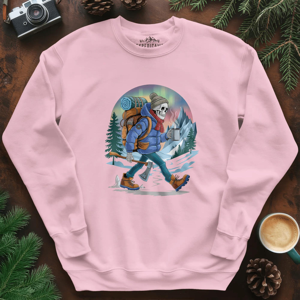 Aurora Skeleton Hiker Sweatshirt – Light Pink – Outdoor apparel for travel, hiking, camping, and nature lovers – ExpediCamp