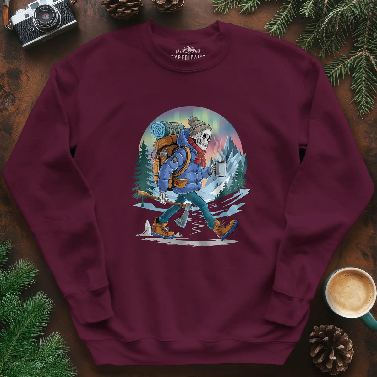 Aurora Skeleton Hiker Sweatshirt – Maroon – Outdoor apparel for travel, hiking, camping, and nature lovers – ExpediCamp
