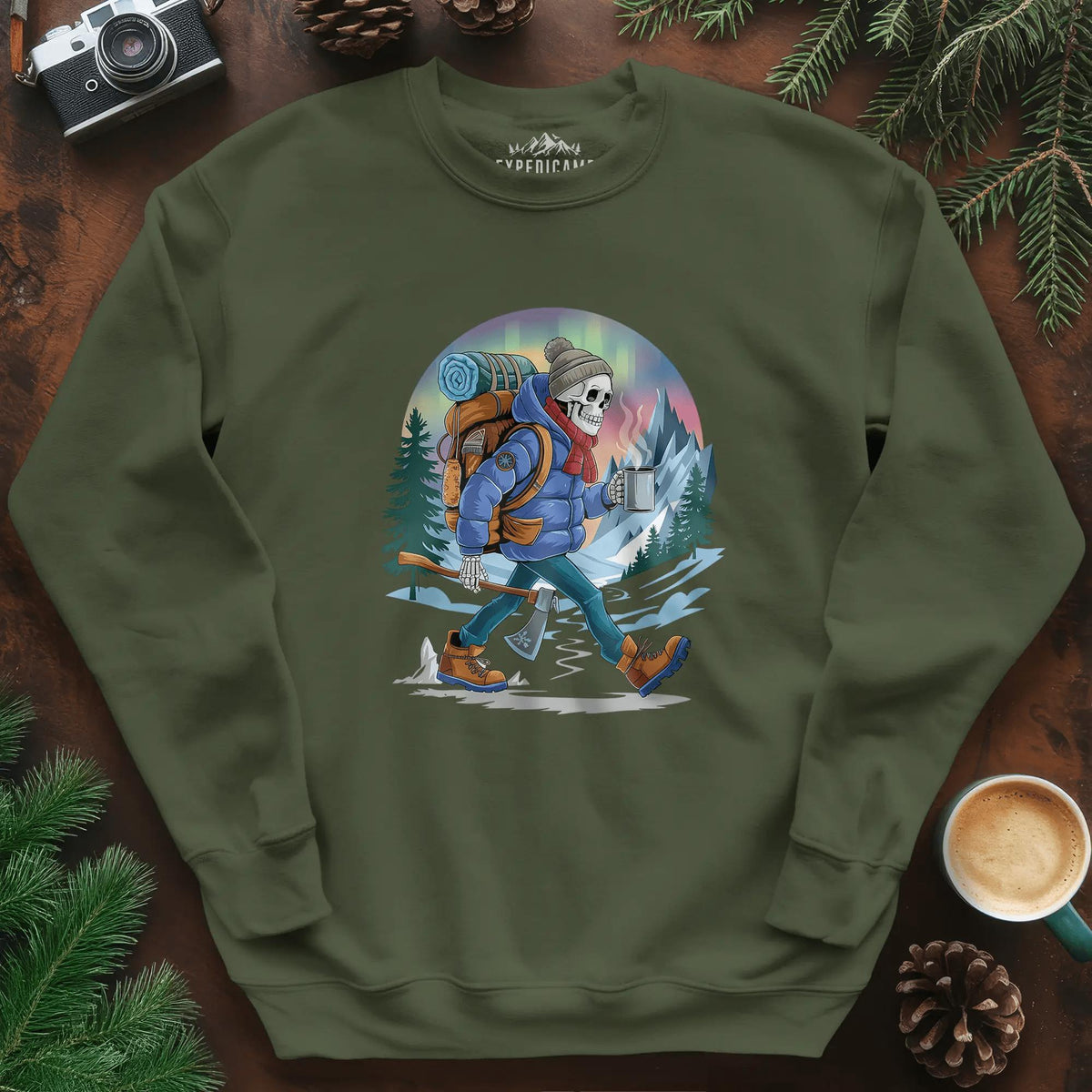 Aurora Skeleton Hiker Sweatshirt – Military Green – Outdoor apparel for travel, hiking, camping, and nature lovers – ExpediCamp