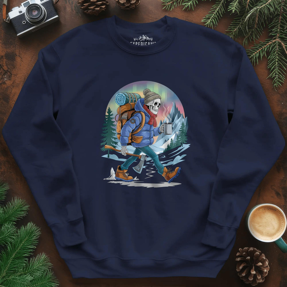 Aurora Skeleton Hiker Sweatshirt – Navy – Outdoor apparel for travel, hiking, camping, and nature lovers – ExpediCamp