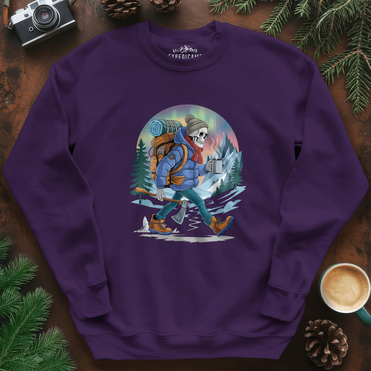 Aurora Skeleton Hiker Sweatshirt – Purple – Outdoor apparel for travel, hiking, camping, and nature lovers – ExpediCamp