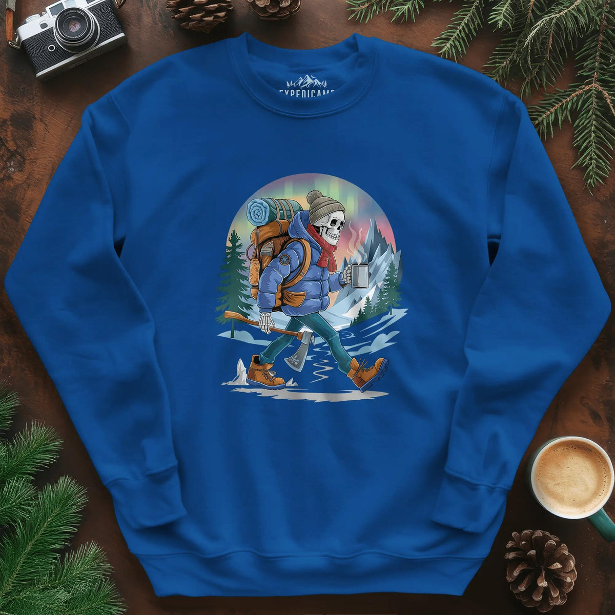 Aurora Skeleton Hiker Sweatshirt – Royal – Outdoor apparel for travel, hiking, camping, and nature lovers – ExpediCamp