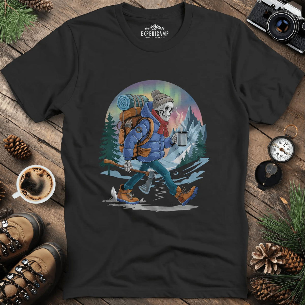 Aurora Skeleton Hiker T-Shirt – Black – Outdoor apparel for travel, hiking, camping, and nature lovers – ExpediCamp