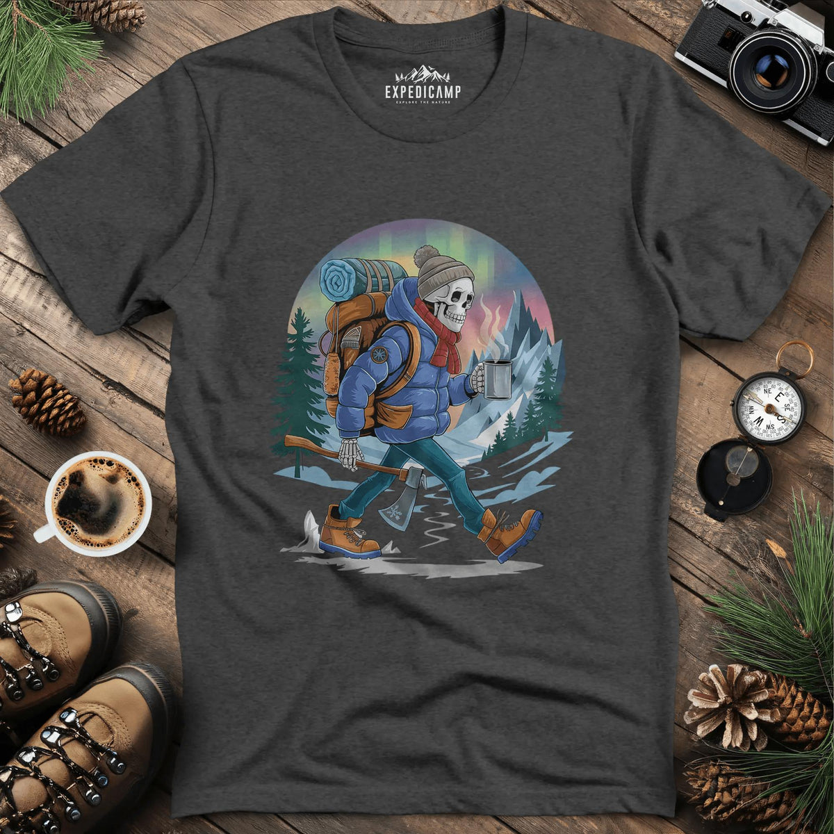 Aurora Skeleton Hiker T-Shirt – Dark Heather – Outdoor apparel for travel, hiking, camping, and nature lovers – ExpediCamp