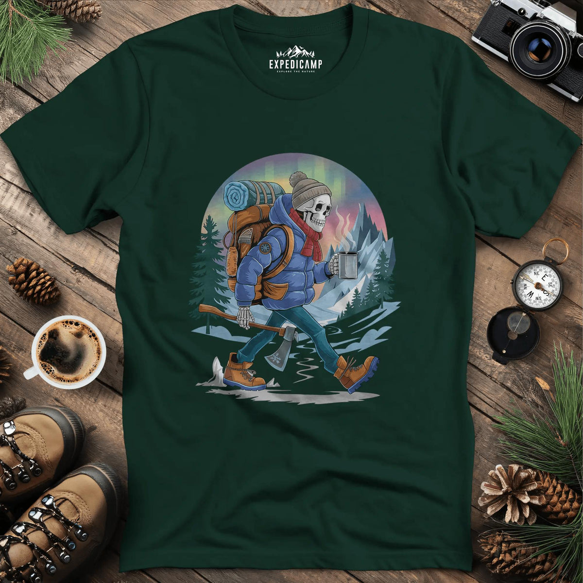 Aurora Skeleton Hiker T-Shirt – Forest Green – Outdoor apparel for travel, hiking, camping, and nature lovers – ExpediCamp