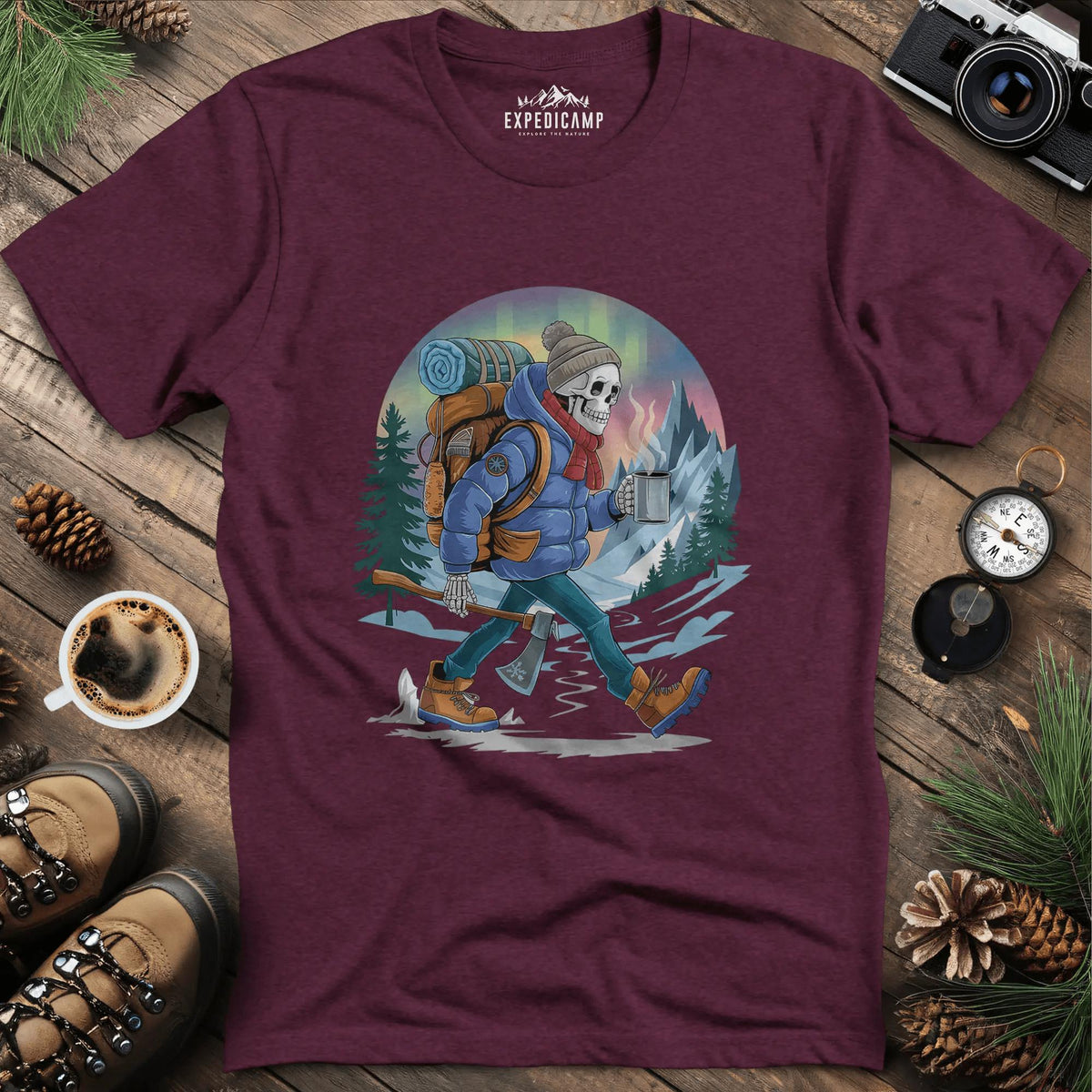 Aurora Skeleton Hiker T-Shirt – Heather Maroon – Outdoor apparel for travel, hiking, camping, and nature lovers – ExpediCamp