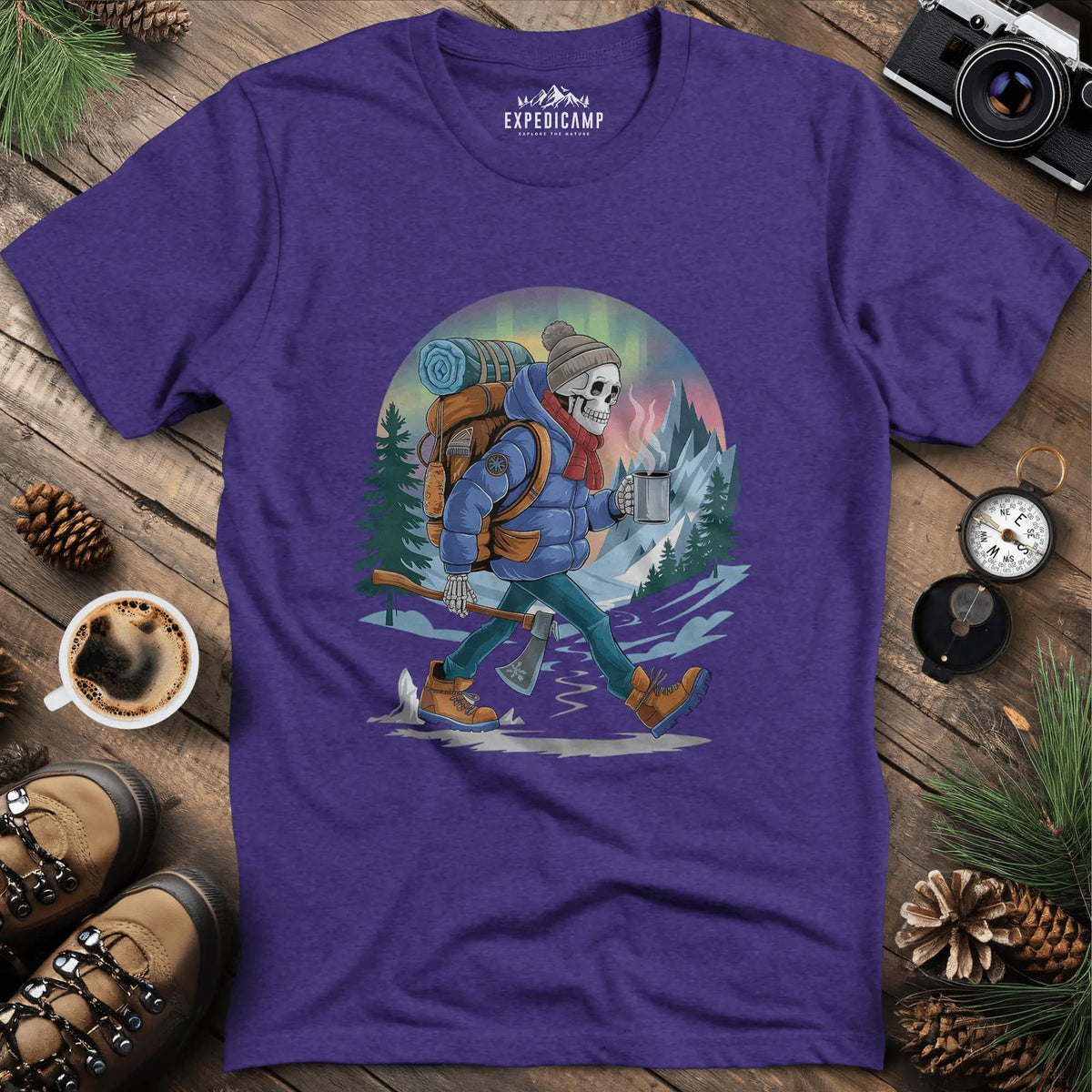Aurora Skeleton Hiker T-Shirt – Heather Purple – Outdoor apparel for travel, hiking, camping, and nature lovers – ExpediCamp