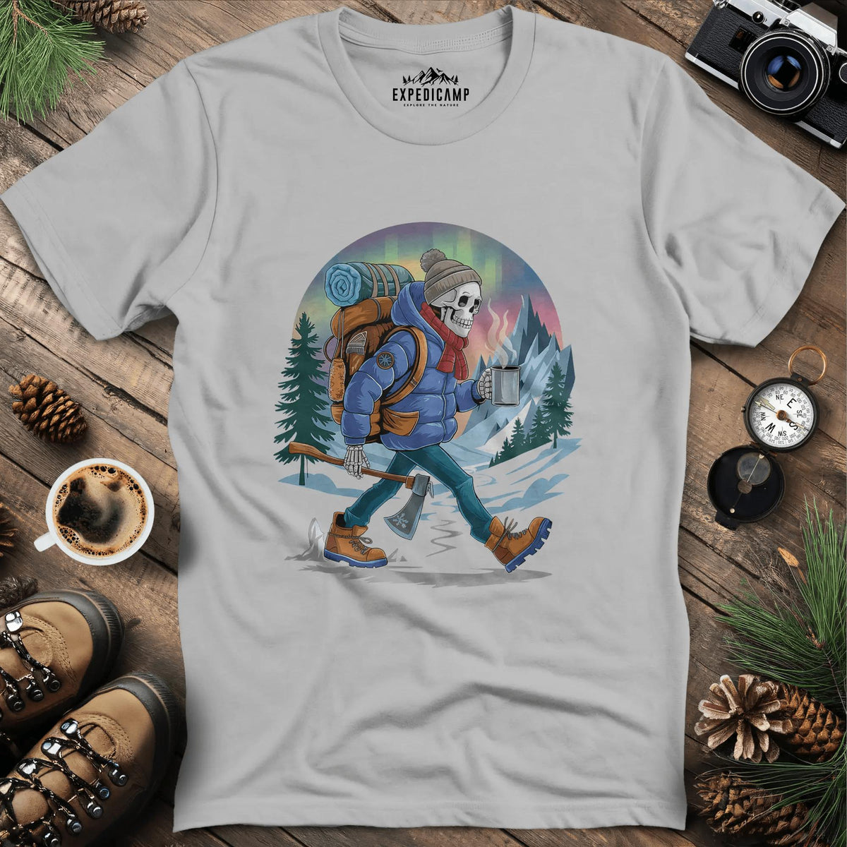 Aurora Skeleton Hiker T-Shirt – Ice Grey – Outdoor apparel for travel, hiking, camping, and nature lovers – ExpediCamp