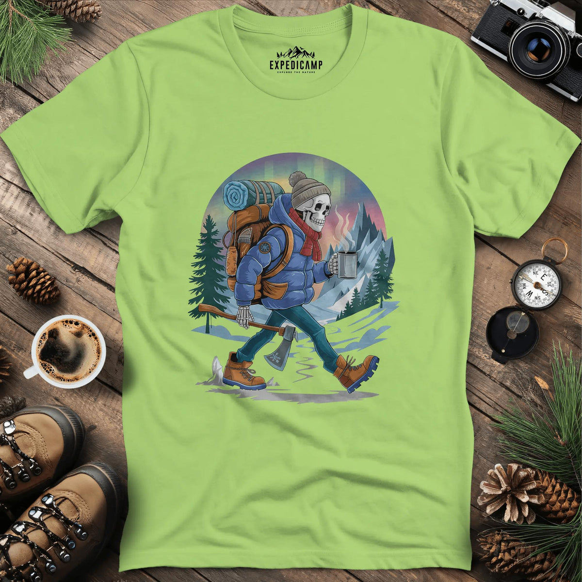 Aurora Skeleton Hiker T-Shirt – Kiwi – Outdoor apparel for travel, hiking, camping, and nature lovers – ExpediCamp