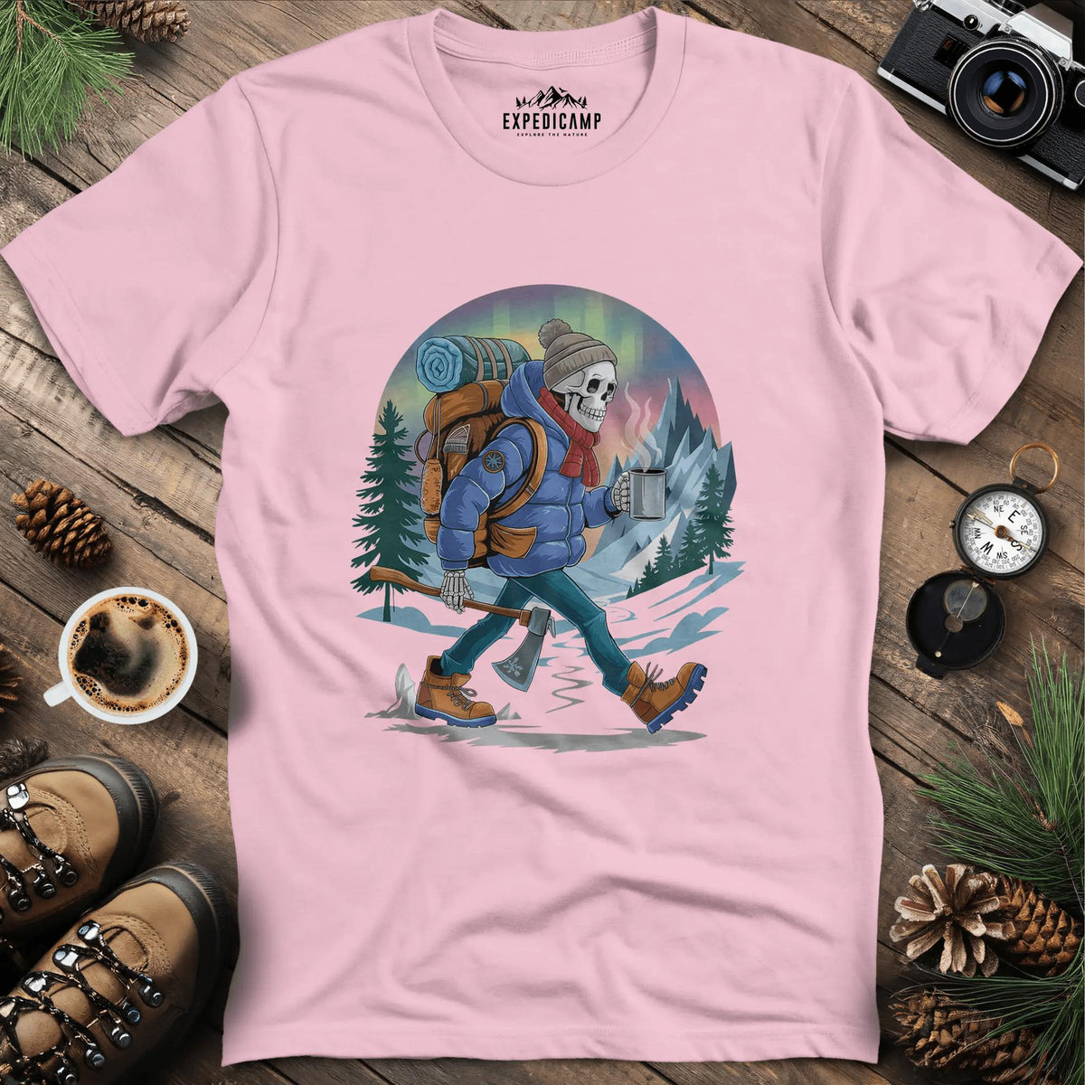 Aurora Skeleton Hiker T-Shirt – Light Pink – Outdoor apparel for travel, hiking, camping, and nature lovers – ExpediCamp