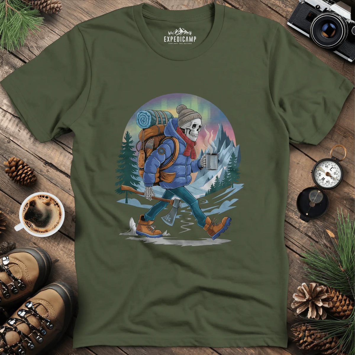 Aurora Skeleton Hiker T-Shirt – Military Green – Outdoor apparel for travel, hiking, camping, and nature lovers – ExpediCamp