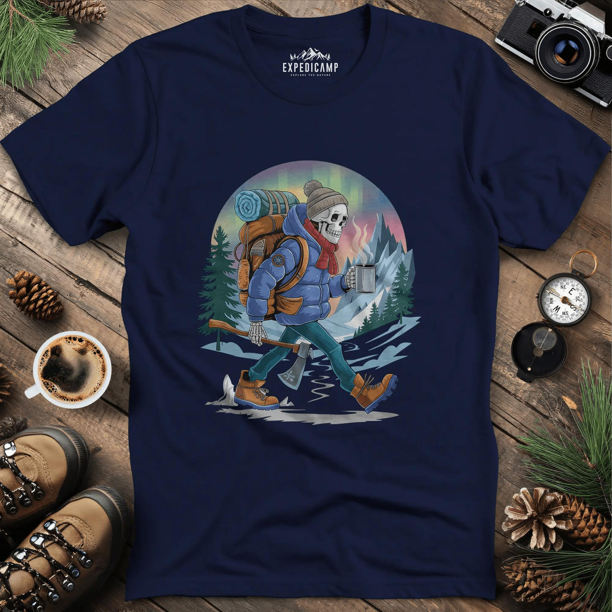 Aurora Skeleton Hiker T-Shirt – Navy – Outdoor apparel for travel, hiking, camping, and nature lovers – ExpediCamp