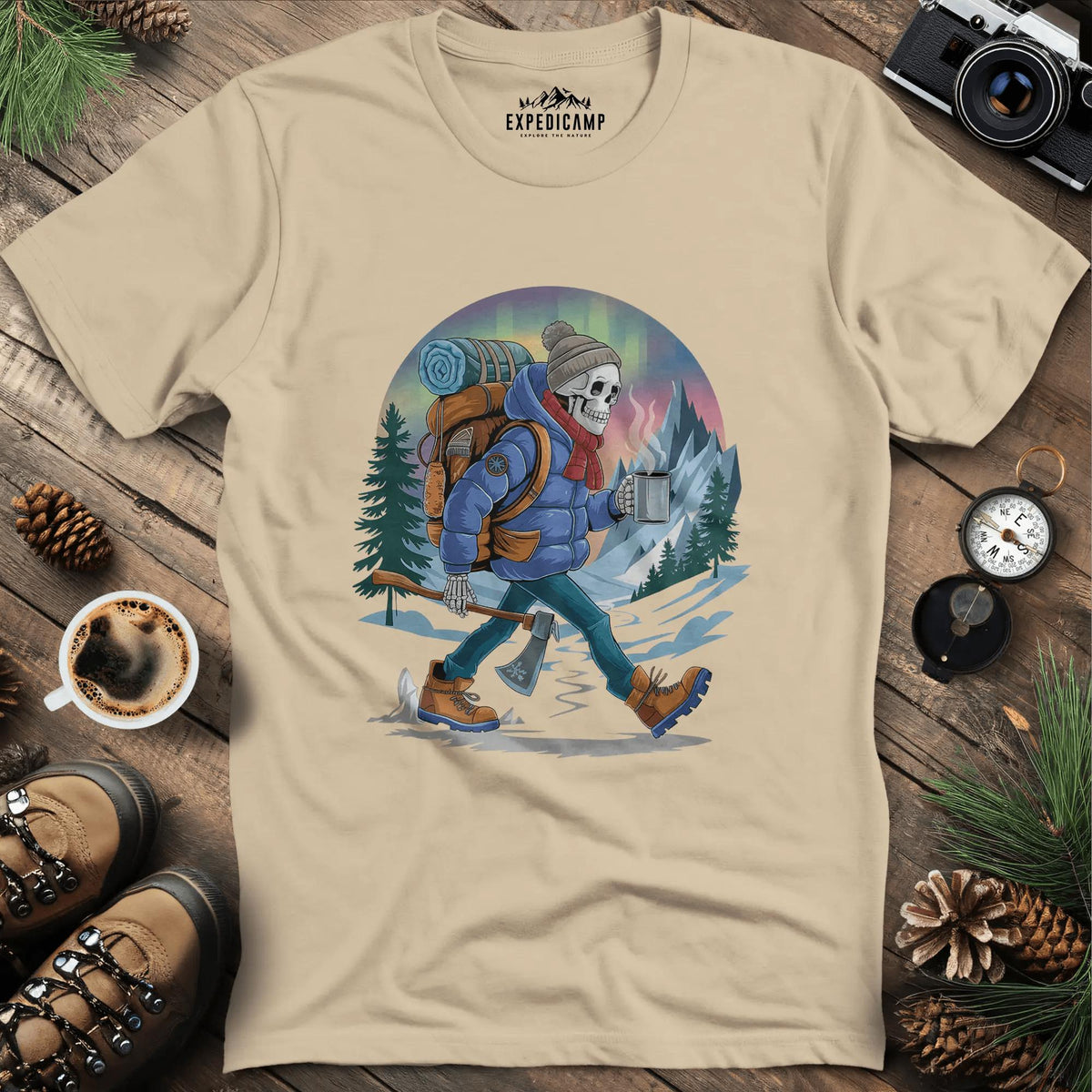 Aurora Skeleton Hiker T-Shirt – Sand – Outdoor apparel for travel, hiking, camping, and nature lovers – ExpediCamp