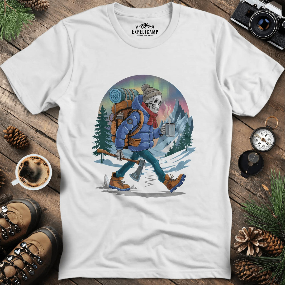 Aurora Skeleton Hiker T-Shirt – White – Outdoor apparel for travel, hiking, camping, and nature lovers – ExpediCamp