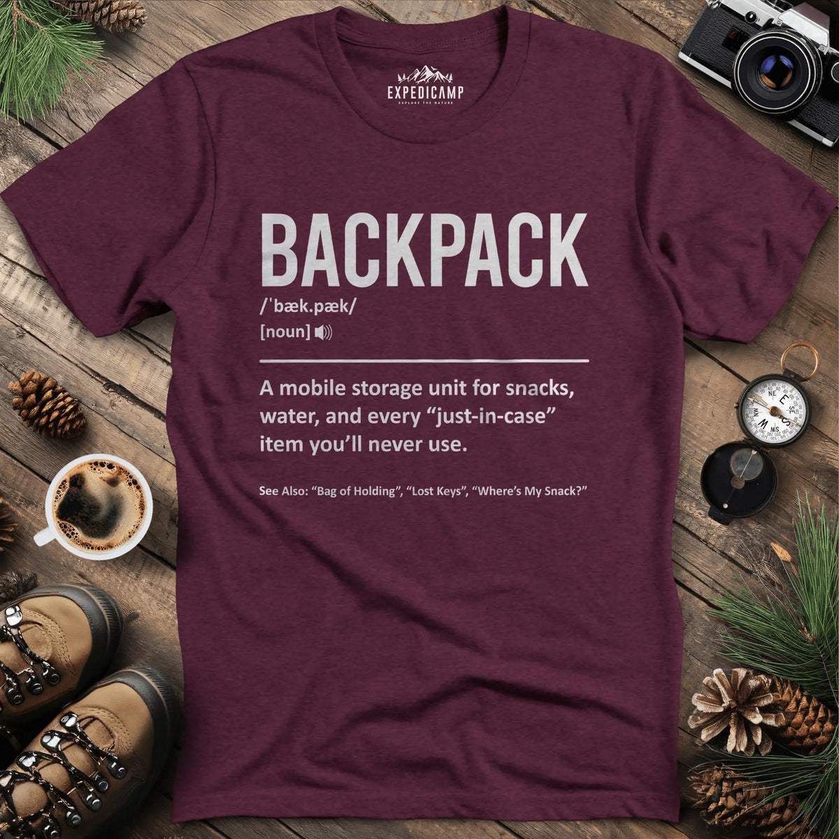 Backpack Definition T-Shirt – Heather Maroon – Outdoor apparel for travel, hiking, camping, and nature lovers – ExpediCamp