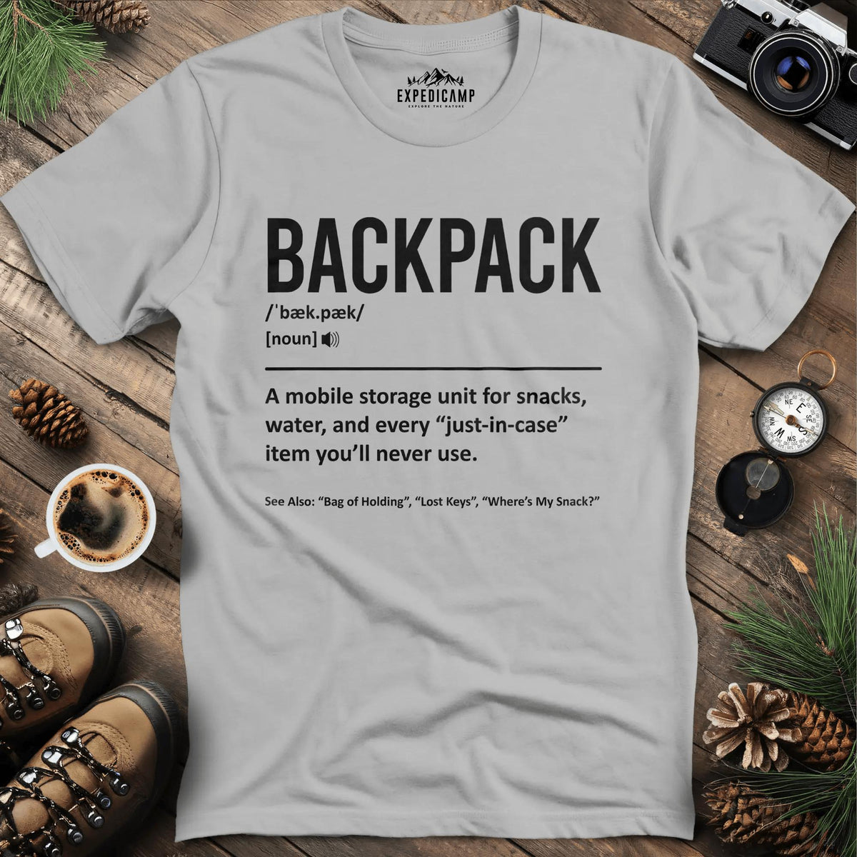 Backpack Definition T-Shirt – Ice Grey – Outdoor apparel for travel, hiking, camping, and nature lovers – ExpediCamp