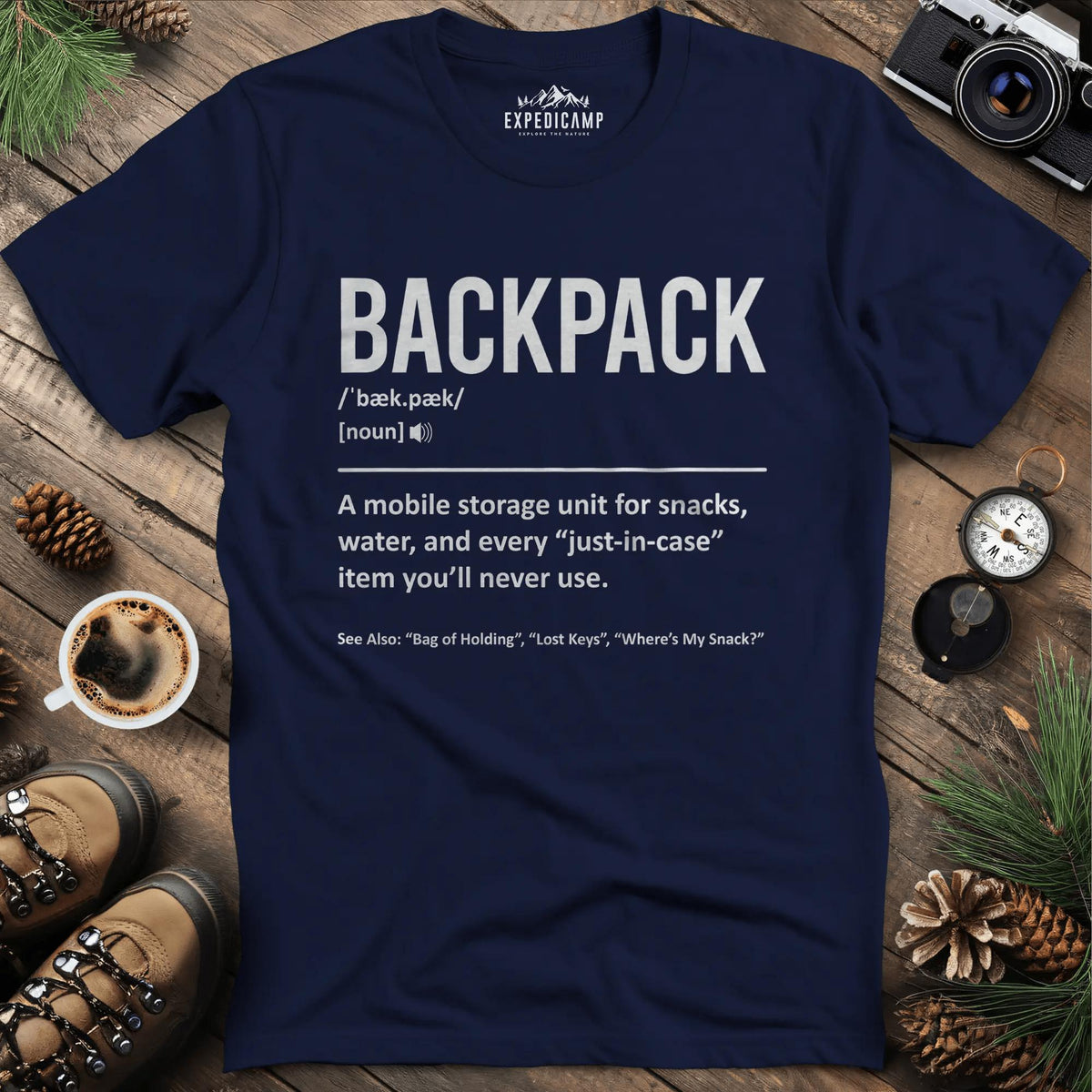 Backpack Definition T-Shirt – Navy – Outdoor apparel for travel, hiking, camping, and nature lovers – ExpediCamp