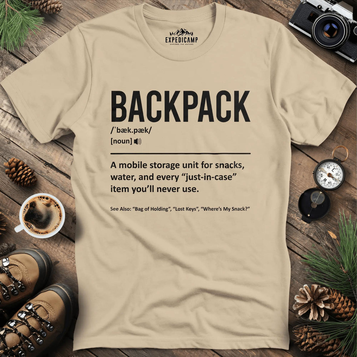 Backpack Definition T-Shirt – Sand – Outdoor apparel for travel, hiking, camping, and nature lovers – ExpediCamp
