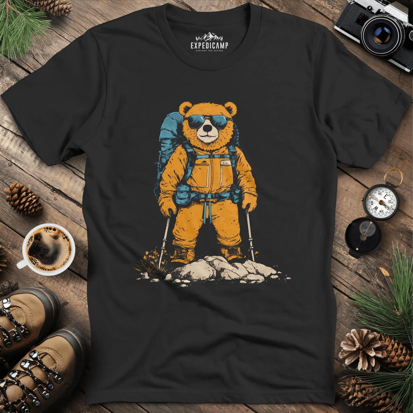 Backpacking Bear T-Shirt – Cool Hiking Bear Adventure Design – Black – Outdoor apparel for travel, hiking, camping, and nature lovers – ExpediCamp