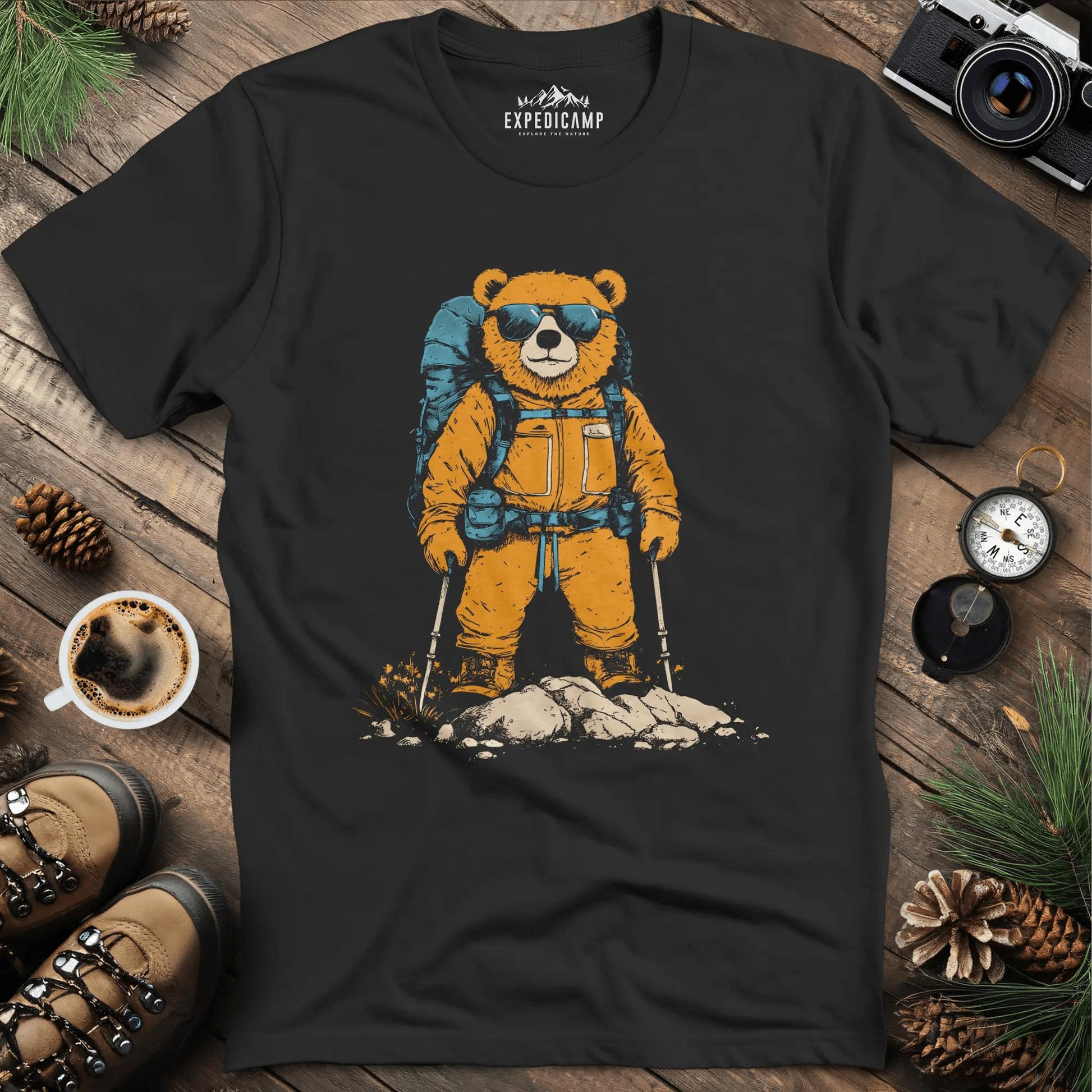 Backpacking Bear T-Shirt – Cool Hiking Bear Adventure Design – Black – Outdoor apparel for travel, hiking, camping, and nature lovers – ExpediCamp