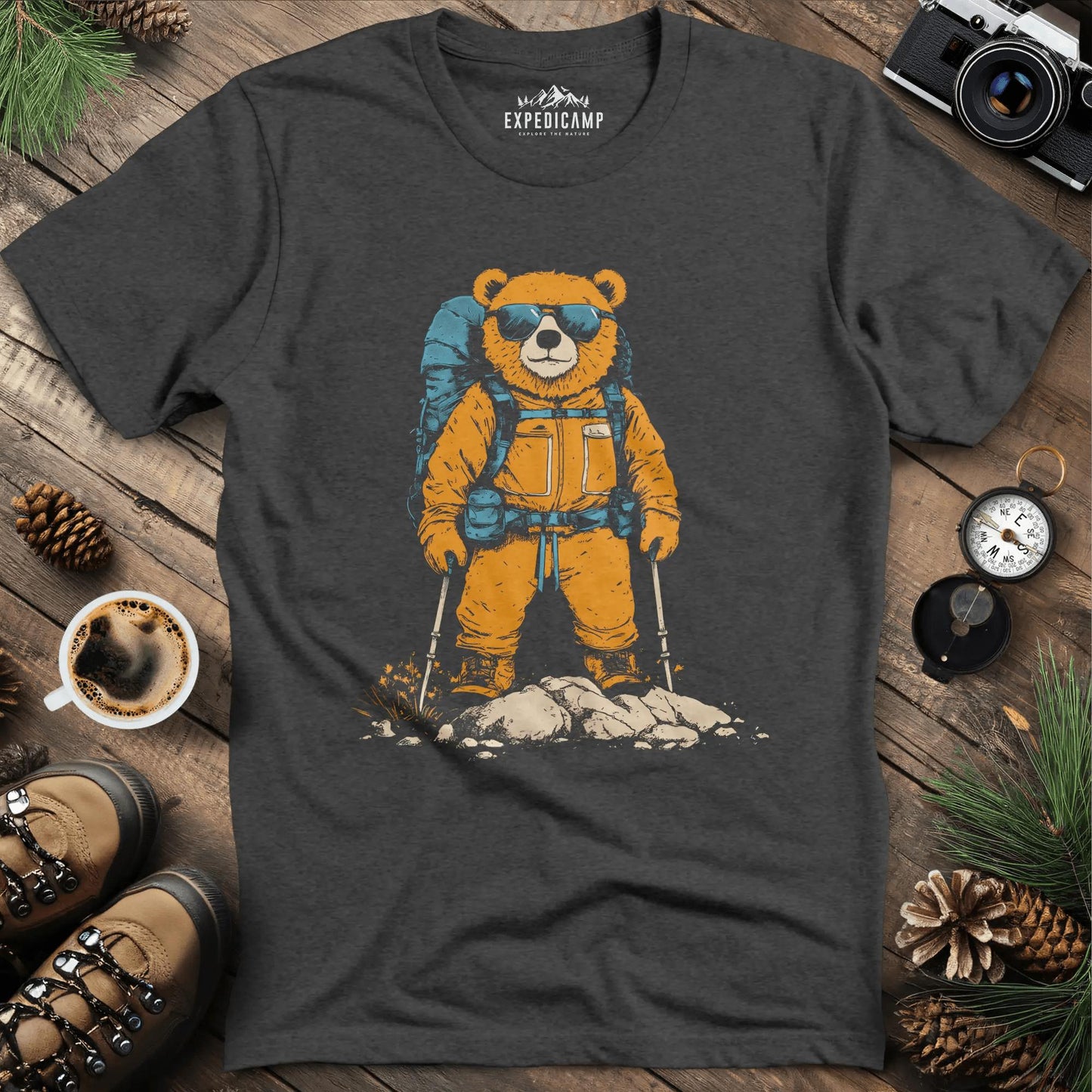 Backpacking Bear T-Shirt – Cool Hiking Bear Adventure Design – Dark Heather – Outdoor apparel for travel, hiking, camping, and nature lovers – ExpediCamp