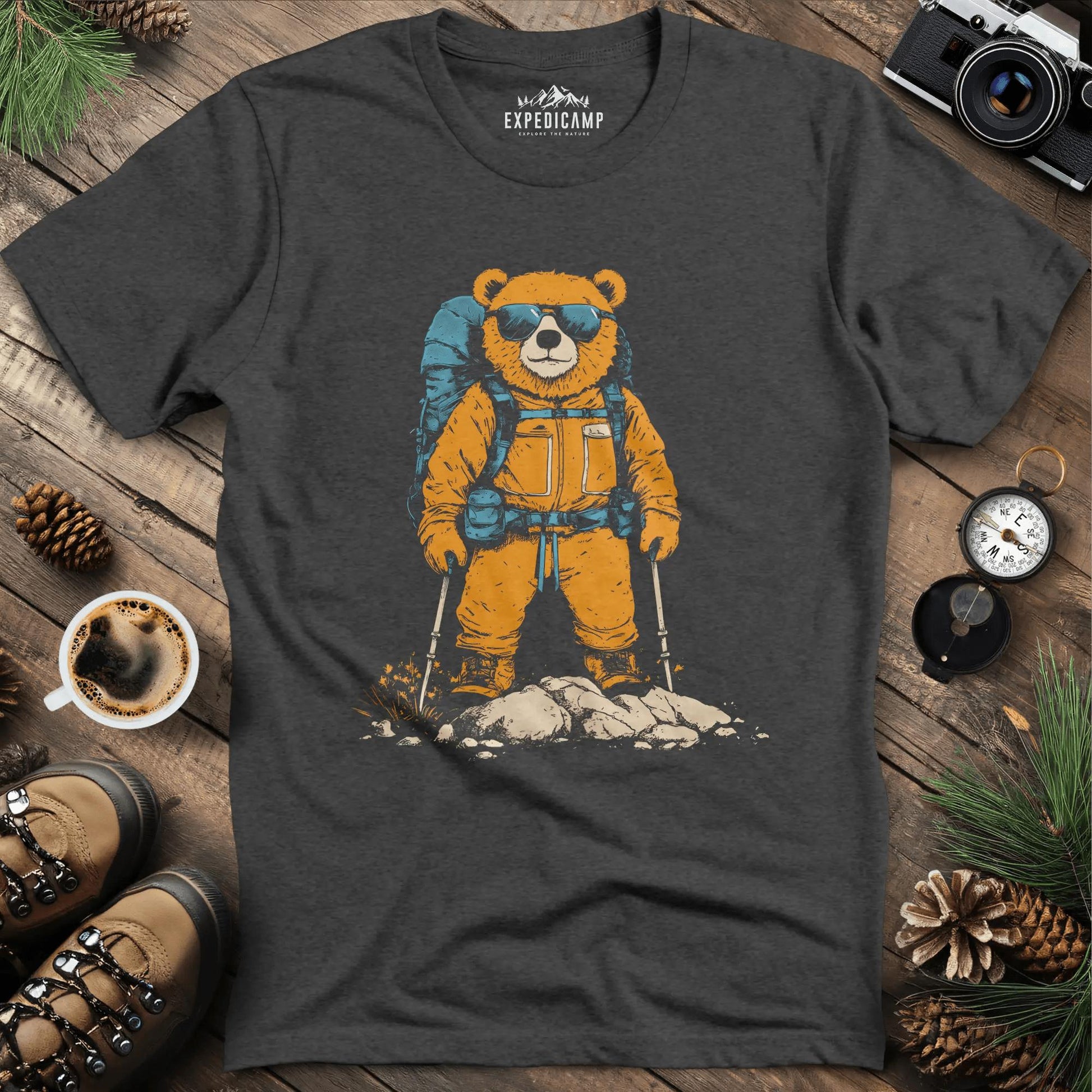 Backpacking Bear T-Shirt – Cool Hiking Bear Adventure Design – Dark Heather – Outdoor apparel for travel, hiking, camping, and nature lovers – ExpediCamp