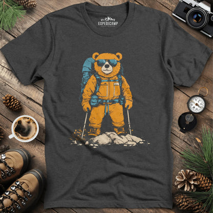 Backpacking Bear T-Shirt – Cool Hiking Bear Adventure Design – Dark Heather – Outdoor apparel for travel, hiking, camping, and nature lovers – ExpediCamp