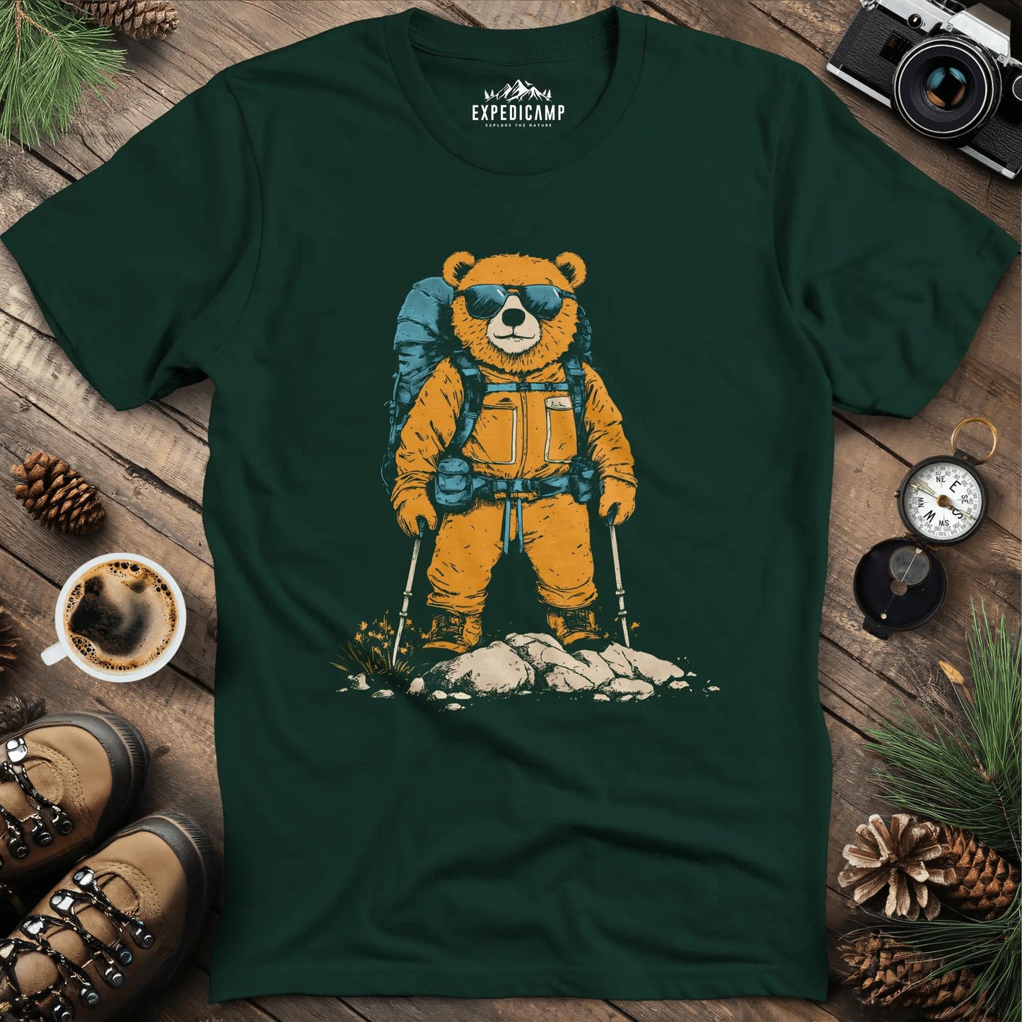 Backpacking Bear T-Shirt – Cool Hiking Bear Adventure Design – Forest Green – Outdoor apparel for travel, hiking, camping, and nature lovers – ExpediCamp