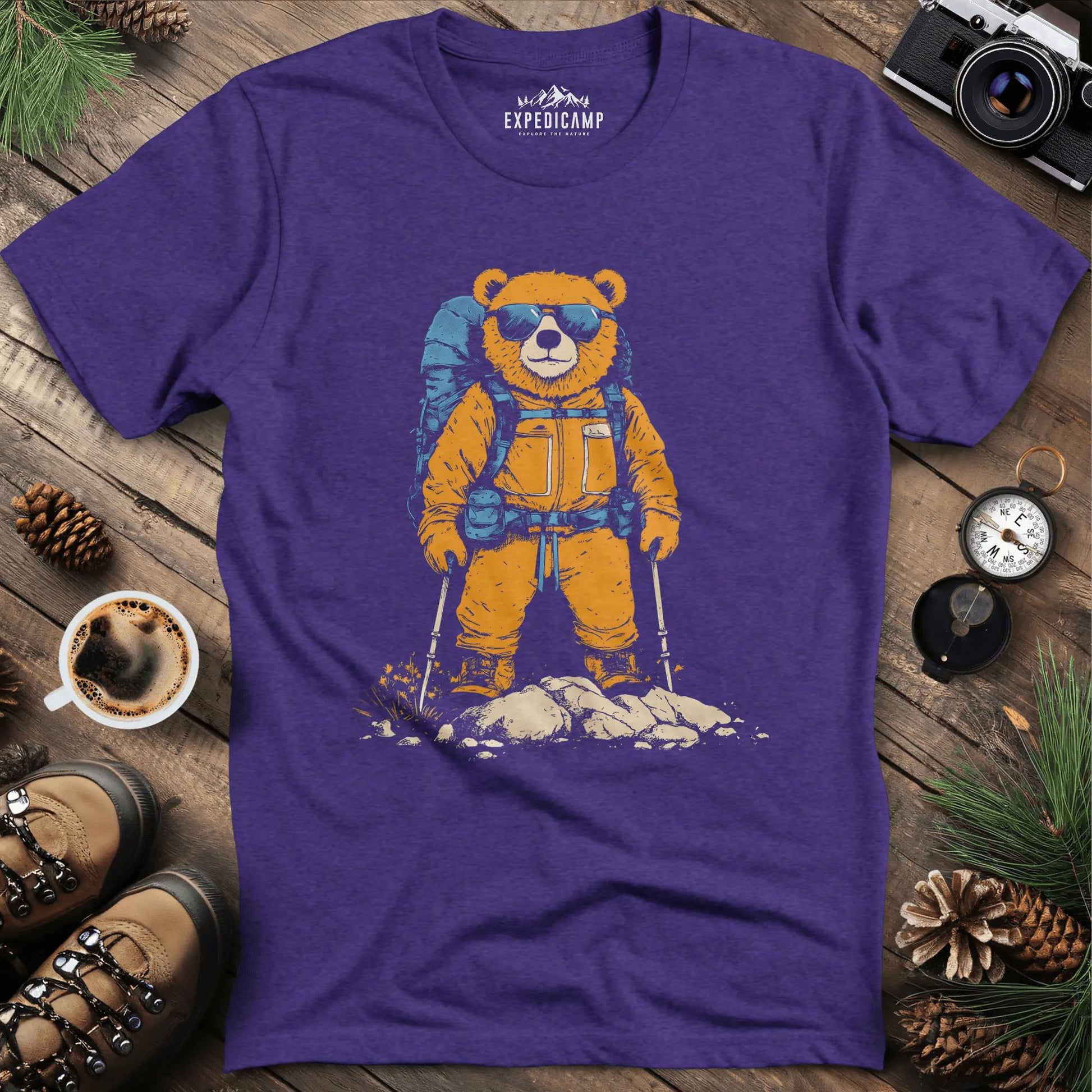 Backpacking Bear T-Shirt – Cool Hiking Bear Adventure Design – Heather Purple – Outdoor apparel for travel, hiking, camping, and nature lovers – ExpediCamp