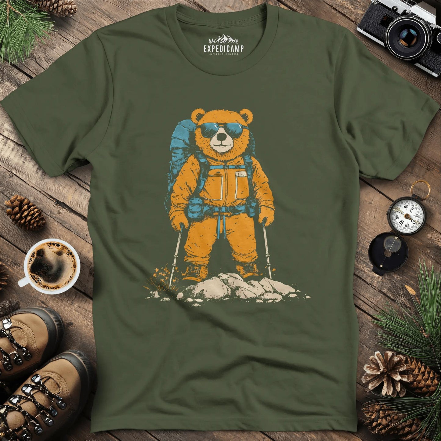 Backpacking Bear T-Shirt – Cool Hiking Bear Adventure Design – Military Green – Outdoor apparel for travel, hiking, camping, and nature lovers – ExpediCamp